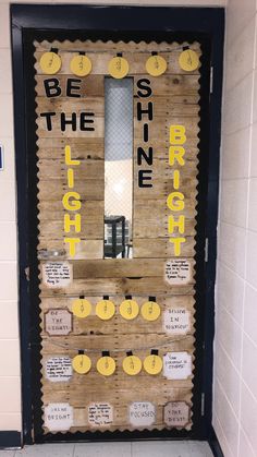 a door decorated with words and pictures on the front, side and back doors that say be the light