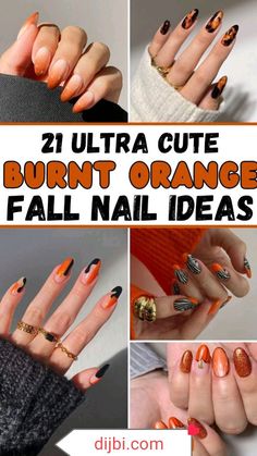 Burnt Orange Halloween Nails, Orange Nails With Gold Foil, Fall Wedding Nails For Bride Burnt Orange, Burnt Orange And Brown Nails, Nail Designs Burnt Orange, Fall Orange Nails Autumn, Burnt Orange Almond Nails, Orange Halloween Nail Designs, Burnt Orange Ombre Nails