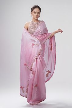 Pink saree with floral border and peacock motifs. Comes with embroidered halter neck, backless blouse. - Aza Fashions Chanderi Pre-draped Saree With Intricate Embroidery, Fitted Silk Saree With Intricate Embroidery, Fitted Cotton Silk Pre-draped Saree, Festive Pre-draped Cotton Silk Saree With Intricate Embroidery, Cotton Silk Pre-draped Saree For Reception, Intricate Embroidery Pre-draped Saree For Diwali, Festive Sleeveless Saree With Intricate Embroidery, Festive Pre-draped Sleeveless Saree With Intricate Embroidery, Festive Sleeveless Pre-draped Saree With Intricate Embroidery