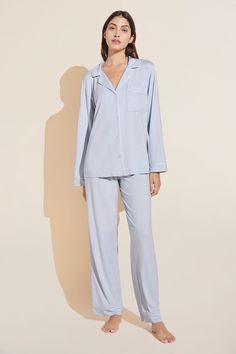 Gisele TENCEL™ Modal Long PJ Set - Ice Blue/Ivory Blue Relaxed Fit Sleepover Sets, Blue Pjs Pajama Set, Light Blue Cotton Pajama Party Set, Pj Sets Eberjey, Eberjey Pajamas, Backless Bra, Camisole Set, Wardrobe Solutions, Soft Pajamas