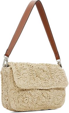 Hand-crocheted paper raffia shoulder bag in beige. · Graphic pattern throughout · Detachable leather shoulder strap · Leather logo patch at back face · Magnetic flap · Zip pocket at interior · Satin lining · H6 x W9.5 x D2 Supplier color: Natural Designer Beige Crochet Shopping Bag, Designer Beige Crochet Tote Bag, Designer Beige Crochet Bag For Travel, Designer Rectangular Natural Crochet Bag, Designer Natural Rectangular Crochet Bag, Designer Natural Color Rectangular Crochet Bag, Designer Beige Rectangular Straw Bag, Designer Beige Straw Shoulder Bag, Luxury Crochet Shoulder Bag With Adjustable Strap