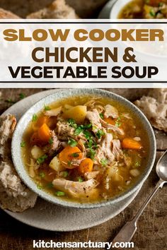 a bowl of slow cooker chicken and vegetable soup