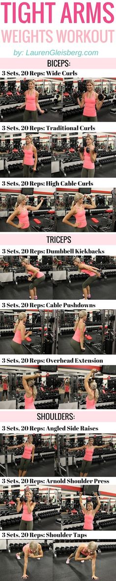 TIGHT ARMS (BICEPS, TRICEPS + SHOULDER) WEIGHTS WORKOUT (Week 1, Day 5) #LGBeautyAndBooty Challenge - LaurenGleisberg.com Arm Exercises With Weights, Weight Training Workouts, Body Fitness, Upper Body Workout, Weights Workout, Weight Training, Arm Workout, Get In Shape