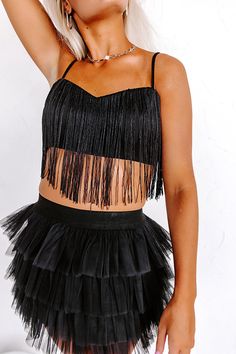 concert, festival top, festival outfit, concert outfit, bra top, fringe bra, matching set, matching outfit, matching two piece set, matching set Black Fringe Top For Night Out, Trendy Black Tops With Rhinestone Fringe, Fitted Rhinestone Fringe Crop Top For Night Out, Fitted Sleeveless Fringe Crop Top, Black Fringe Top, Front Fringe, Fringe Crop Top, Stunning Tops, Straight Back