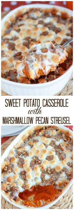 sweet potato casserole with marshmallow and pecan strusel in a white dish