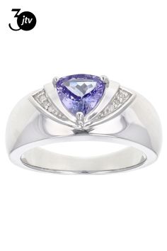 Pre-Owned .82ct trillion tanzanite with .02ctw round white diamond accent, rhodium over sterling silver ring. Measures approximately .53"L x .32"W. Not sizeable..  This product may be a customer return, vendor sample, or on-air display and is not in its originally manufactured condition.  It may not be new.  In some instances, these items are repackaged by JTV. Blue Tanzanite, White Diamond, Stone Rings, Sterling Silver Ring, Silver Ring, Sterling Silver Rings, Silver Rings, Sterling Silver, Ring