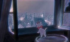 a cartoon cat standing in front of a window looking out at the city from it