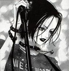 a drawing of a woman with black hair holding a microphone and wearing a t - shirt that says wee woop