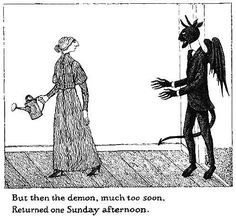 a cartoon drawing of a woman holding a watering can with a demon standing next to her