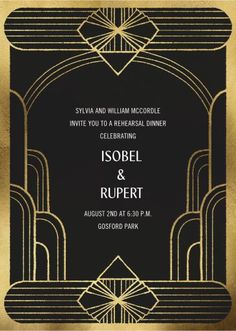 a black and gold wedding card with an art deco design in the middle, on a black background