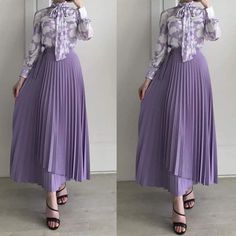 Purple Blouse Outfit Hijab, Purple Skirt Outfit Hijab, Elegant Full Purple Skirt, Long Purple Skirt With Floral Print, Purple Long Skirt With Floral Print, Simple Long Dress, Moslem Fashion, Hijabista Fashion, Simple Frock Design