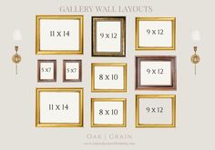 the gallery wall layout is shown with different sizes and frames