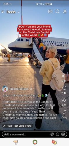 the woman is walking towards an airplane on the tarmac with her hand in her pocket