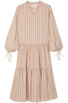 Rope-Trimmed Tiered Striped Gauze Dress | Could I Have That? Chloe Clothing, Chloe Dress, Designer Midi Dresses, See By Chloe, Midi Length Dress, Tie Dress, Orange Dress, Fashion Outlet