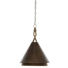 a bronze colored pendant light hanging from a chain