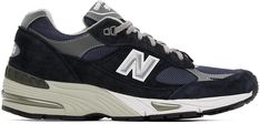 New Balance: Navy 'Made In UK' 991v1 Sneakers | SSENSE New Balance For Men, New Balance Outfit, Line Texture, Mesh Sneakers, Pig Skin, New Balance Sneaker, Luxury Streetwear, Logo Embroidered, Sale Design