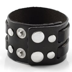 * Wide cuff
 * Genuine leather 
 * Adjustable
 * Shipped in a gift bag Black Leather Bracelets With Studs, Black Leather Jewelry With Studs, Black Bracelets With Rivets As Gift, Adjustable Black Cuff Bracelet With Rivets, Adjustable Cuff Bracelet With Rivets, Leather Cuff Bracelet With Rivets, Black Everyday Cuff Bracelet, Black Cuff Bracelet For Everyday, Everyday Black Cuff Bracelet