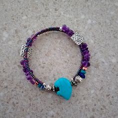 Handmade Jade And Amethyst Bracelet. New, No Clasp, Just Wraps Around Wrist. Big Bracelets, Beaded Memory Wire Bracelets, Lava Bead Bracelet, Beaded Memory Wire, Memorial Bracelet, Beaded Cuff Bracelet, Handcrafted Bracelets, Beaded Crafts, Moonstone Bracelet