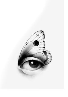 an eye with a butterfly on it's wing, and the image is in black and white