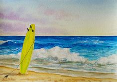 a painting of a yellow surfboard on the beach