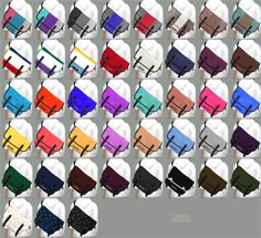 an array of different colored chairs in various sizes and colors, all with the same color