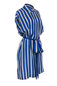 Go nuts for nautical with this frock from Escada! Made with a chic striped design in a preppy shirt-style silhouette, this summery beauty is perfect for your next swanky soiree in the Hamptons! Pair with woven wedges and a straw bag for some serious seaside style. Size L 100% Silk Concealed front zipper Unlined Shirt-style silhouette Collared neckline Sleeveless Open pockets on sides of waist Striped design Matching tie belt Bust 46" Waist 38" Shoulder to hem 40" Spring Dresses With Striped Collar For Day Out, Striped Collar Dress For A Day Out In Spring, Spring Day Out Dress With Striped Collar, Blue Vertical Stripes Dress For Daywear, Elegant Summer Dresses With Striped Collar, Striped Shirt Dress For Summer Day Out, Striped Shirt Dress For Summer, Casual Summer Dress With Striped Collar, Chic Striped Knee-length Shirt Dress