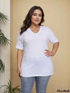 Olivia Mark - Womens Plus Size V-Neck Short Sleeve Solid T-Shirt: A Contemporary and Comfortable Casual Tee with Subtle Stretch Hooded Tops, Slim Dresses, Casual Tee, Plus Size Casual, Olivia Mark, Denim Fabric, Tee Shirt, Short Sleeve Tee, V Neck T Shirt