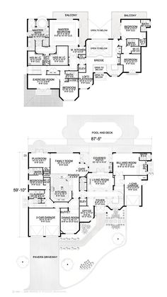 two floor plans for the first and second story of a house with an attached garage