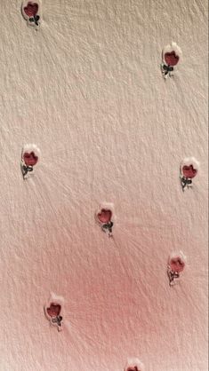 several red flowers are in the middle of a pink background with small white dots on it