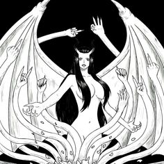 a black and white drawing of a woman surrounded by two demonic hands holding her head