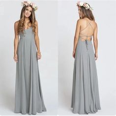 two pictures of a woman wearing a gray dress with flowers in her hair, and the same