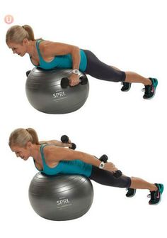 a woman is doing exercises on an exercise ball