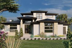 this is a computer rendering of a modern style house with lots of windows and landscaping