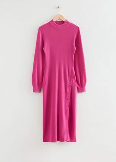 Buttoned Rib Knit Dress - Bright Pink - & Other Stories WW Pink Knitted Dress, Pink Knit Dress, Rib Knit Dress, Maxi Dress Winter, Wool Knitted Dress, Pink Dress Casual, Pink Knit, Ribbed Knit Dress, Knitted Dress