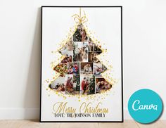 a christmas tree photo collage is displayed in front of a white wall with the words merry christmas love the poinsy family