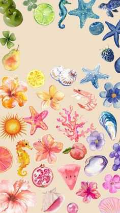 watercolor sea animals and shells on a beige background