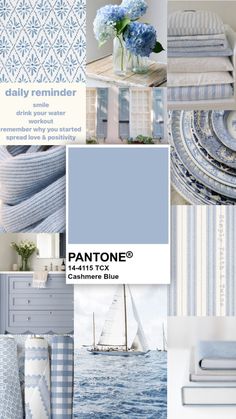 pantone's blue and white color scheme with sailboats, flowers, and linens