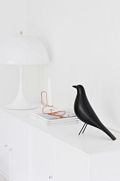 a black bird sitting on top of a white shelf next to a lamp and books