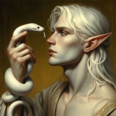 a painting of a man with white hair holding a snake