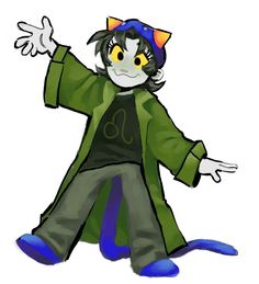 a drawing of a cat in a green coat and blue pants with his arms out