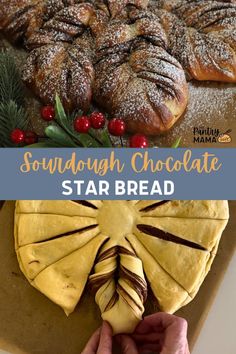 a close up of food on a table with words overlay that reads, soundough chocolate star bread