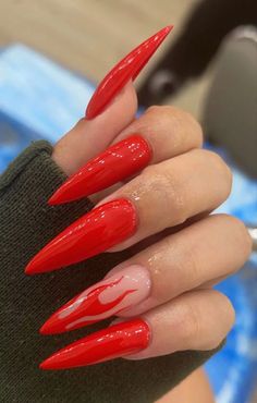 21 Edgy Almond Nail Designs - Bold Art & Fashion-Inspired Ideas Red Nails Fire Design, Red Flame Acrylic Nails, Red Stiletto Nails Designs, Red Flame Nails, Nail Inspo Christmas, Thanksgiving Nails Fall, Pink Nail Inspo, Almond Nail Designs, Classy Almond Nails