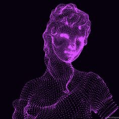 a woman's face is made up of dots and lines in purple on a black background