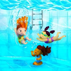 two children swimming in a pool with an adult and child on the side, one jumping into the water