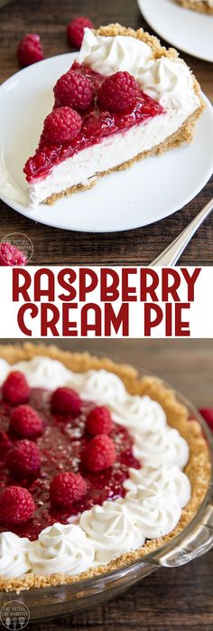 raspberry cream pie with whipped cream and fresh raspberries on top