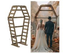 a bride and groom standing next to each other in front of a wooden structure with pumpkins