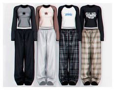 three women's pajama pants are lined up next to each other in different colors