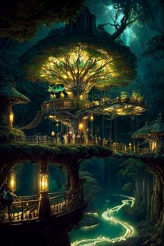 a tree house in the middle of a forest with lights on it's roof