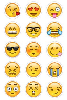 many different emoticions are grouped together in this set, all with different facial expressions