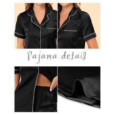 This 2-piece sleepwear set, featuring a short-sleeved top and shorts, is ideal for loungewear, nightwear, and daily wear at home. Made from soft, breathable pure satin, it offers an exceptional wearing experience. Whether you're enjoying cozy bedtimes, relaxing at home, spending a lazy afternoon, or unwinding in a bath, this lightweight women's pajama set is the perfect companion. It also makes a wonderful gift for your mom, wife, daughter, girlfriend, or friends. These casual lounge sets are ex Black Relaxed Fit Sets For Sleepover, Black Summer Sets For Sleepover, Black Summer Sleepover Sets, Black Short Sleeve Sleepwear For Pajama Party, Casual Black Sets For Night, Black Short Sleeve Sleepwear For Loungewear, Black Short Sleeve Sleepwear For Sleepover, Casual Short Sleeve Short Set For Home, Black Relaxed Fit Bedtime Sets